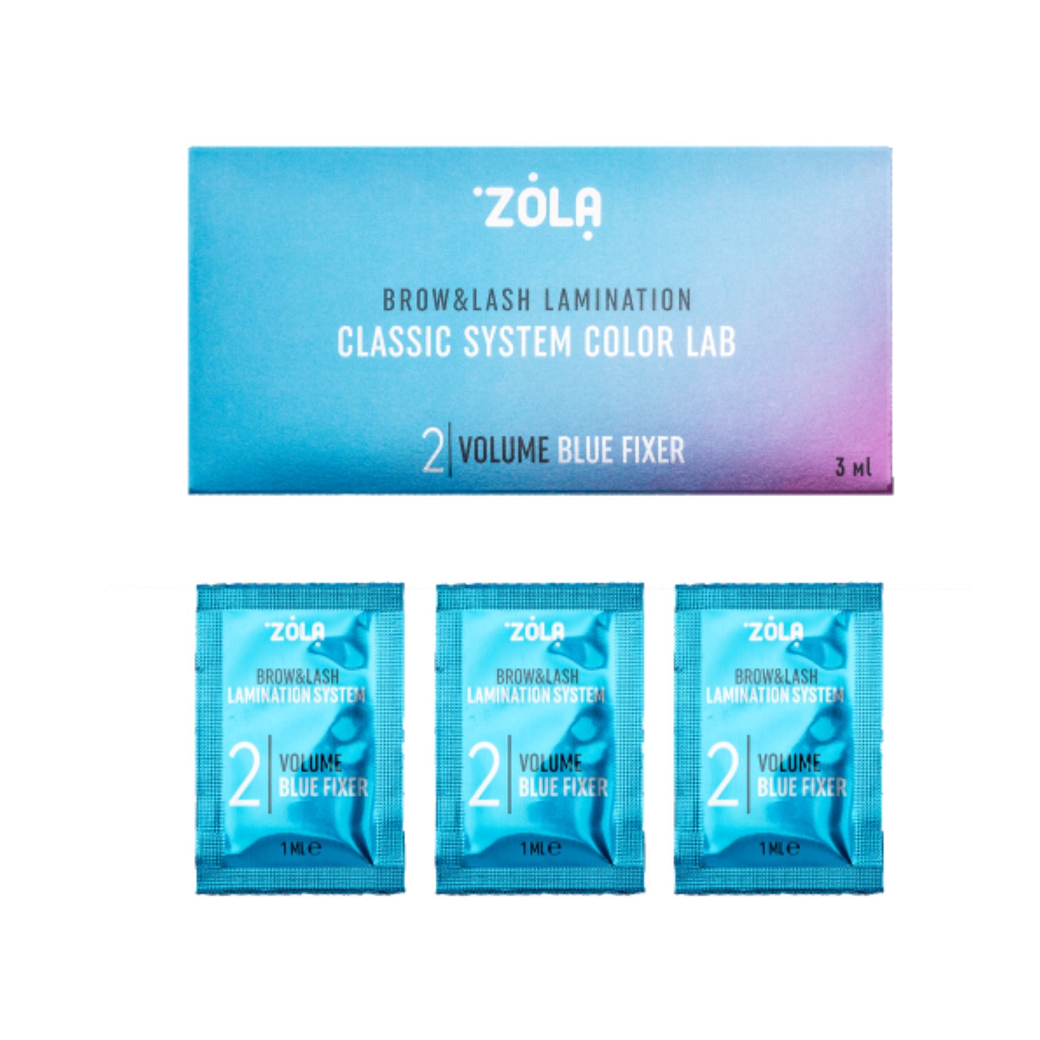 Step 2 van Color Lab brow & lash lamination voor langdurige fixatie en een perfect gestylede look met neon roze en blauwe tinten.