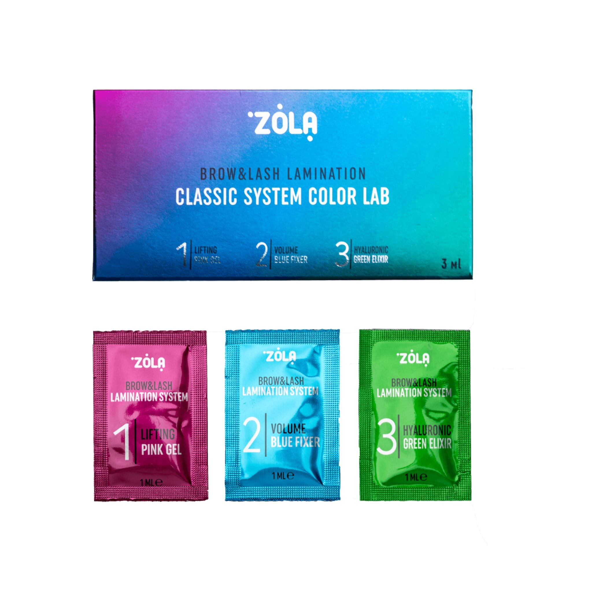 Color Lab sachet systeem 3 stappen voor professionele brow & lash lamination in een compact en gebruiksvriendelijk formaat.