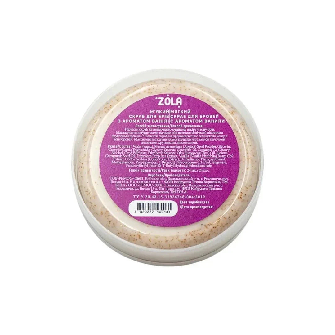 ZOLA Soft Vanilla wenkbrauwscrub met gemalen abrikozenpit en oliën voor zachte reiniging en hydratatie van de wenkbrauwzone.