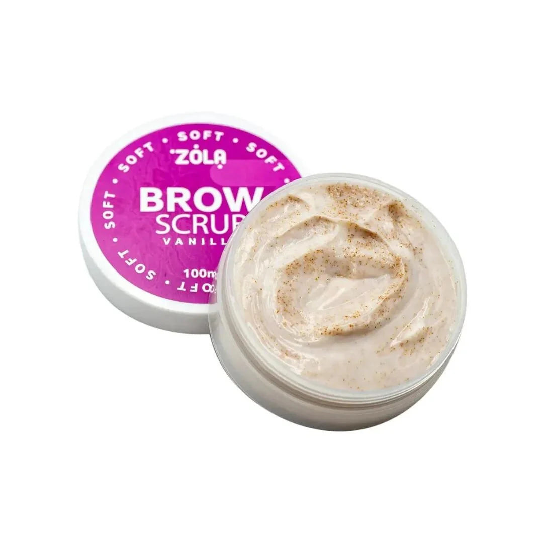 ZOLA Soft Vanilla wenkbrauwscrub met gemalen abrikozenpit en oliën voor zachte reiniging en hydratatie van de wenkbrauwzone.