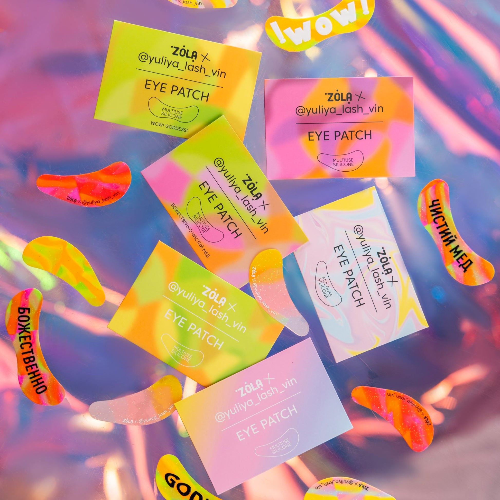 ZOLA x Yulia Lash Vin Eyepatches | Geel-Blauw-Roze  herbruikbare siliconen patches met anatomische pasvorm, ideaal voor lash behandelingen en professioneel gebruik.