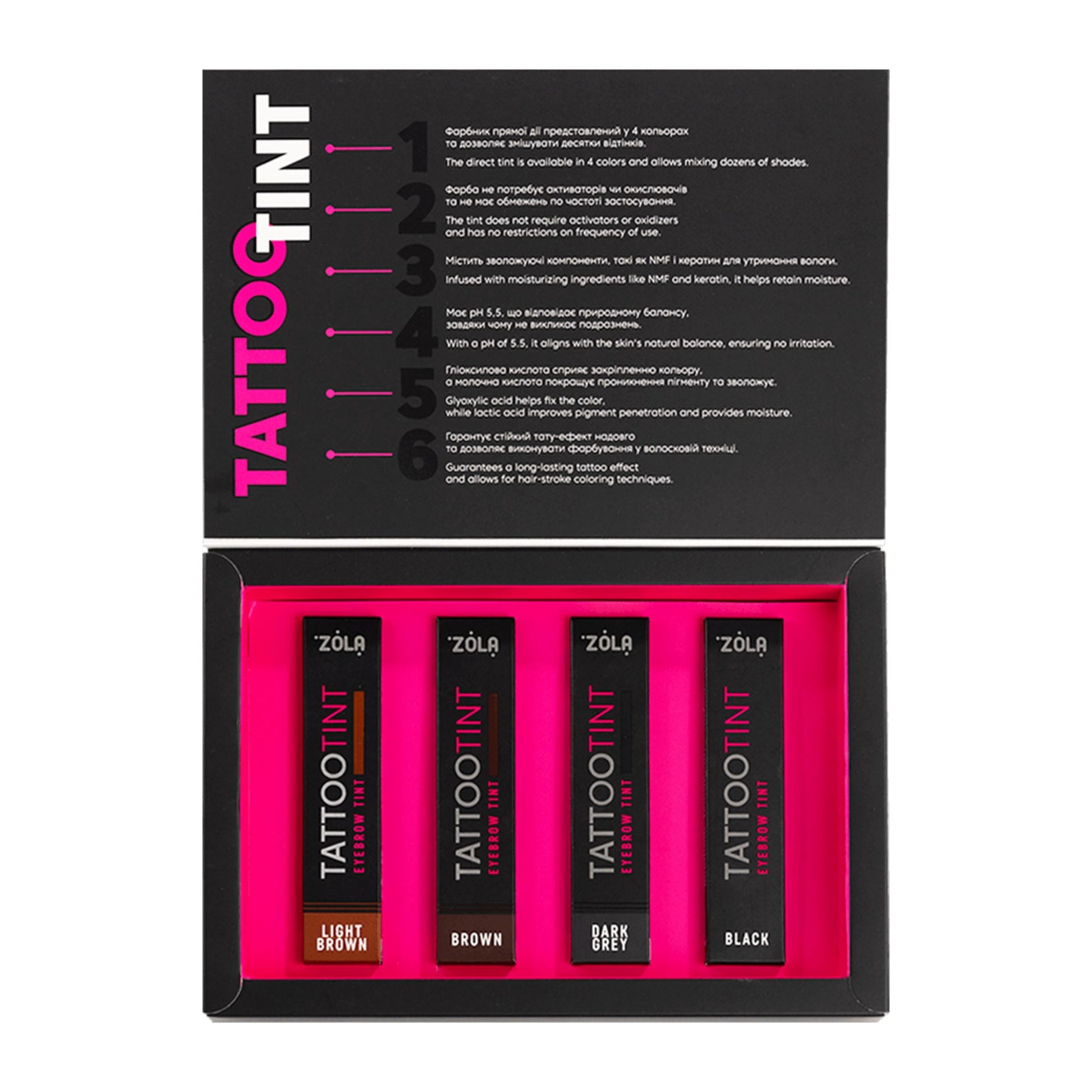 ZOLA Tattoo Tint – direct pigment voor wenkbrauwen dat alleen de huid kleurt. PPD-vrij en ideaal voor hairstrokes en brow lamination.