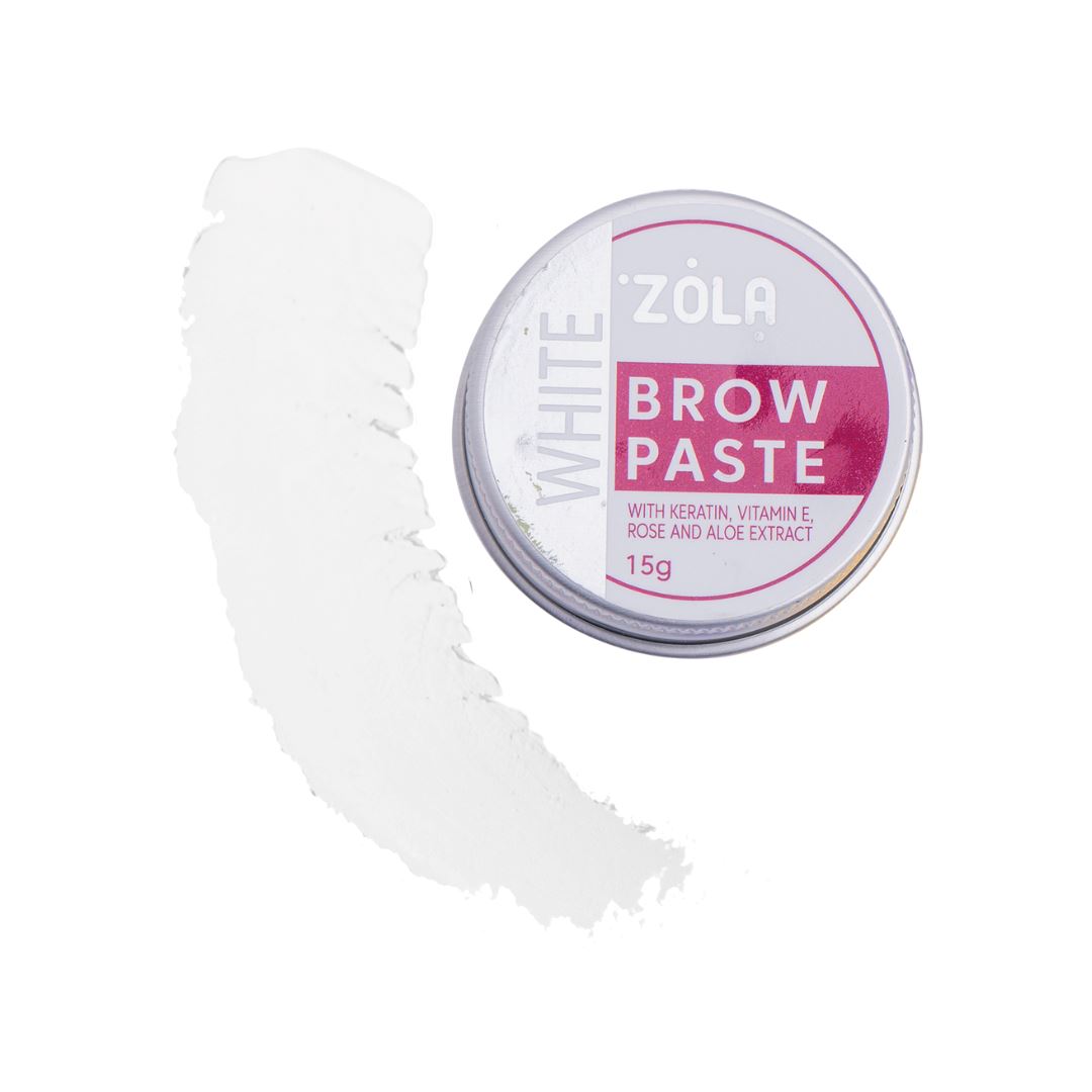 Witte ZOLA Brow Paste met vitamine E en keratine voor perfecte wenkbrauwcontouren en bescherming tijdens het verven.