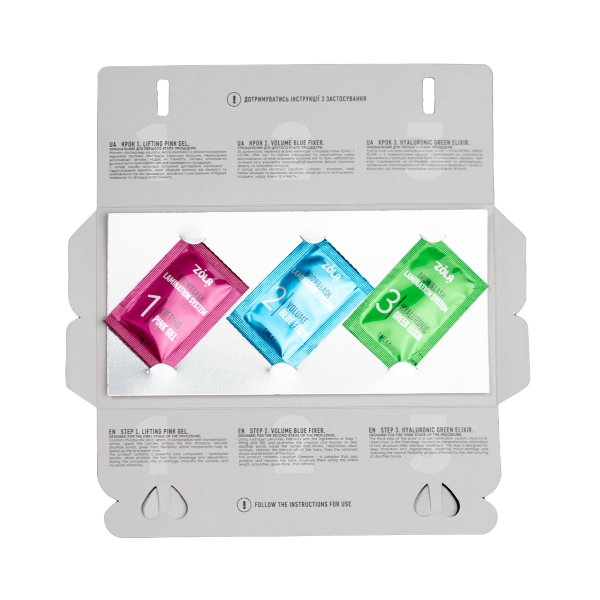 Color Lab sachet systeem 3 stappen voor professionele brow & lash lamination in een compact en gebruiksvriendelijk formaat.