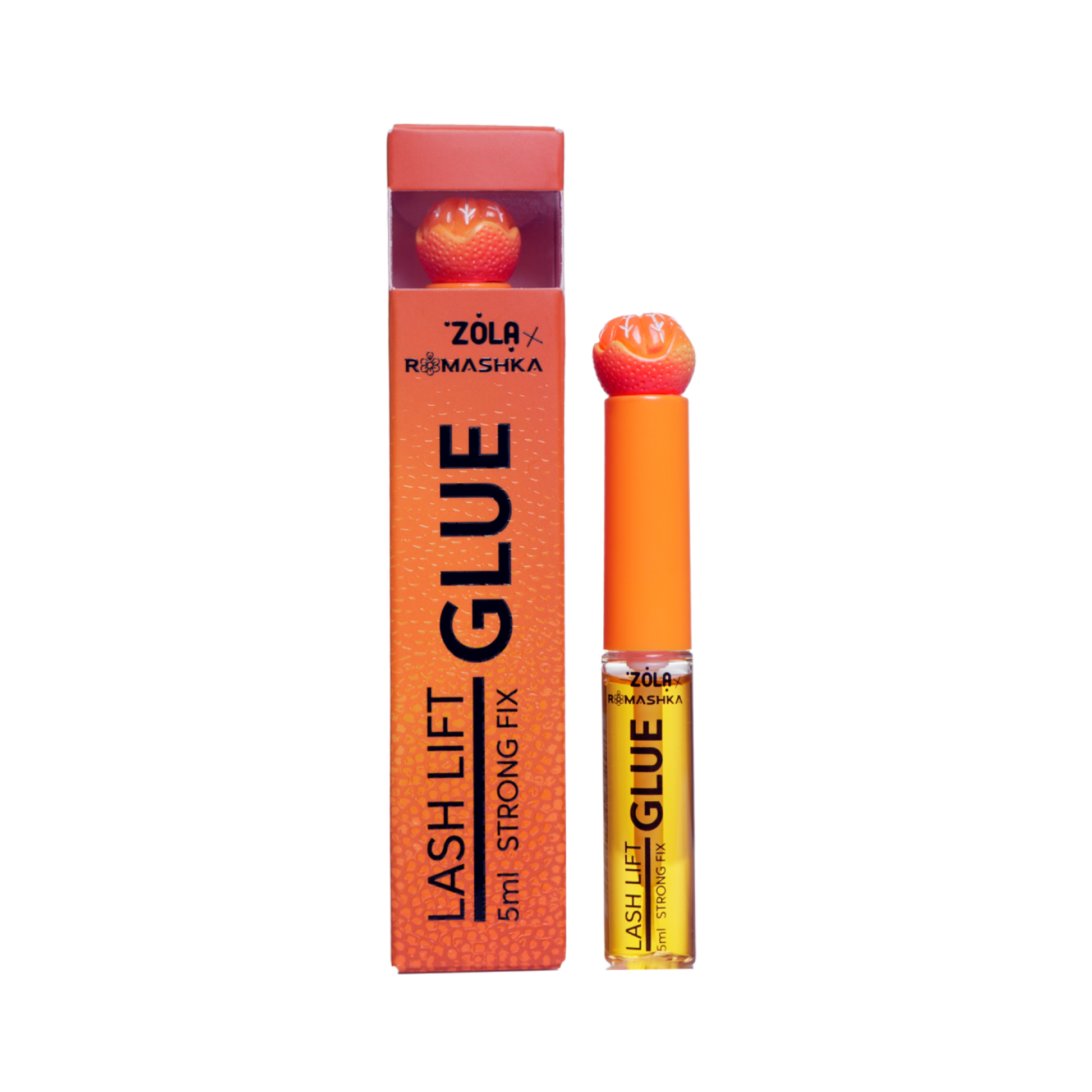 ZOLA x Anna Romashenko Lash Lift Glue met lichte oranje kleur, fruitige geur en leuke verpakking voor professionele lash lift behandelingen.